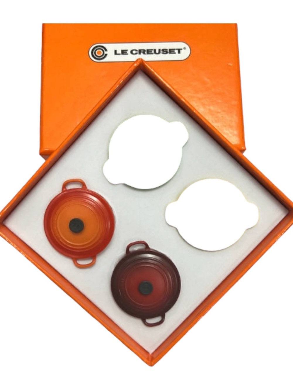 New Le Creuset Mini Dutch Oven Magnets set of 2 red orange cute fun kitchen